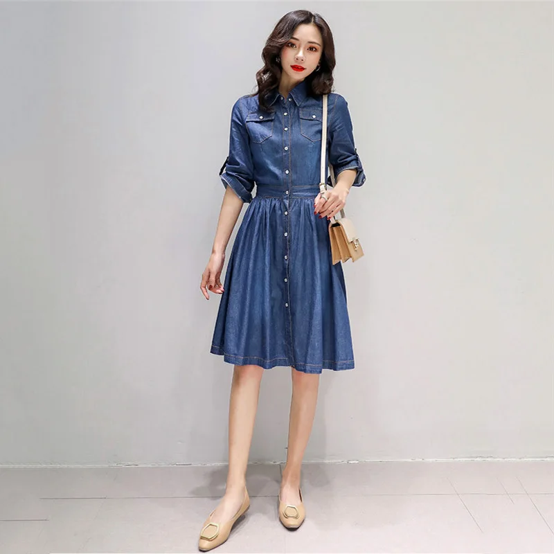 Платье-рубашка женское джинсовое модное элегантное приталенное Повседневное