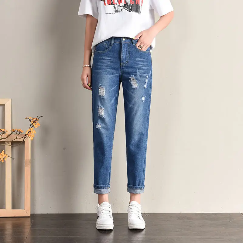 

Women's jeans 2021 autumn new high-waist straight-leg jeans solid color ripped pants Slim slimming Harlan pants