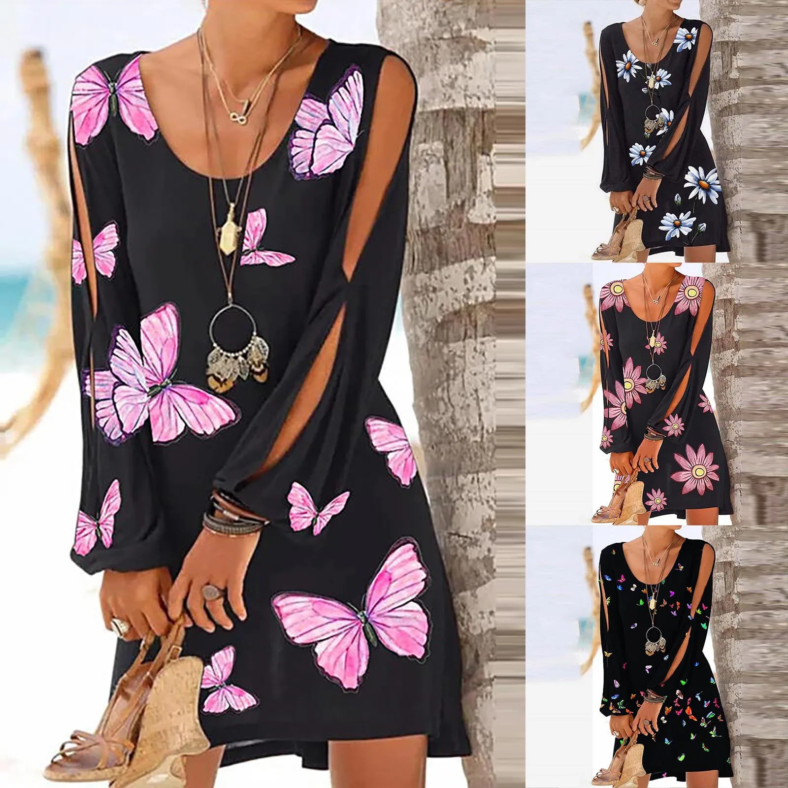 

Women's Fashion Casual Floral Printing Round Neck Openwork Long Sleeve Dress