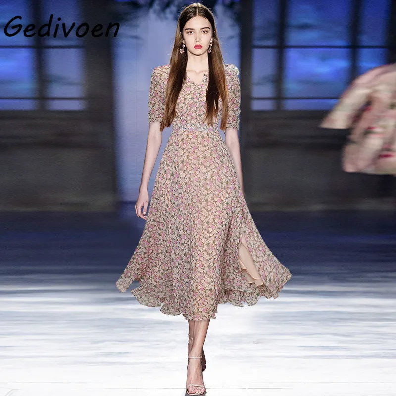 

Gedivoen Fashion Designer Summer Pink Floral Midi Dress Women's V-neck Short sleeve print Party Dress