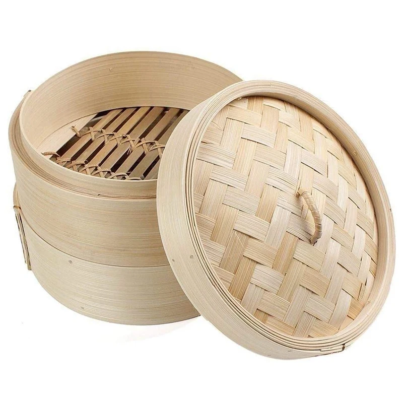 Bamboo Steamer 2 Tier 8 Inch Dim Sum Basket Rice Pasta Cooker Set with Lid By Steam for Vegetables | Дом и сад