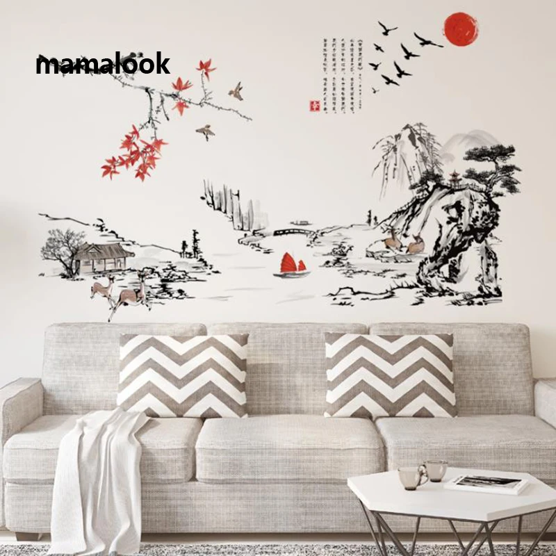 

Chinese style Ink painting landscape art wall stickers living room bedroom background for home decoration Mural Decals wallpaper