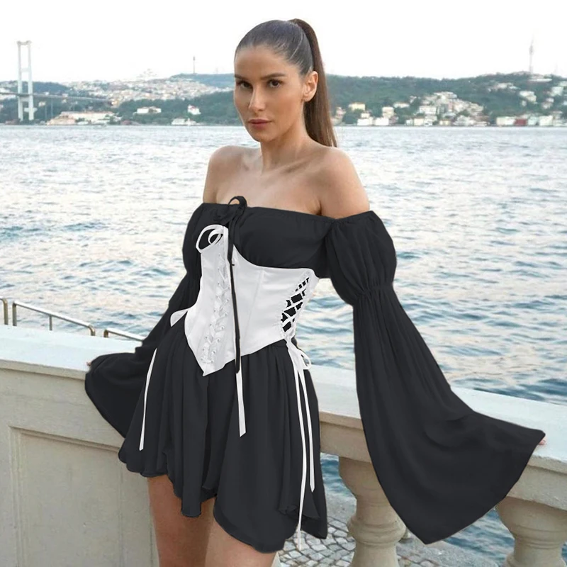 

Vestidos Mujer Chiffon Slash Neck Mini Summer Dress Women Beach Vacation Long Sleeve Corset Bandage Sundress Party Casual Dress