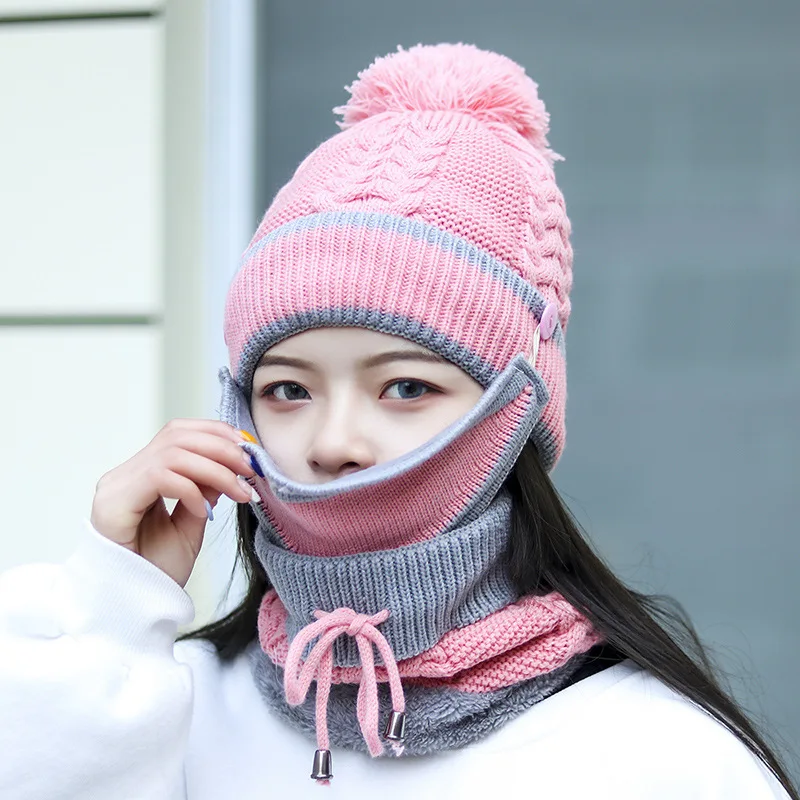 

2022 Hat Winter Women's Mask Hat For Girls Scarf Thick Warm Fleece Inside Knitted Hat Scarf Set 3pcs Winter Riding Fashion Cap