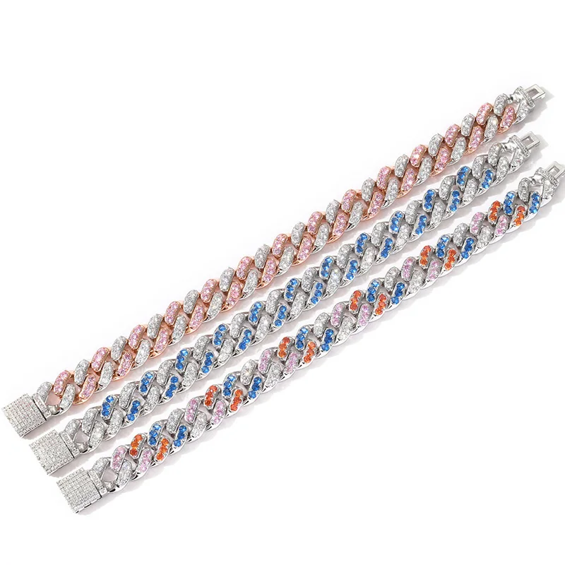 

Blue And White AAA Cubic Zirconia Paved Bling Iced Out Round Cuban Miami Link Chain Bracelets For Men Hip Hop CZ Rapper Jewelry