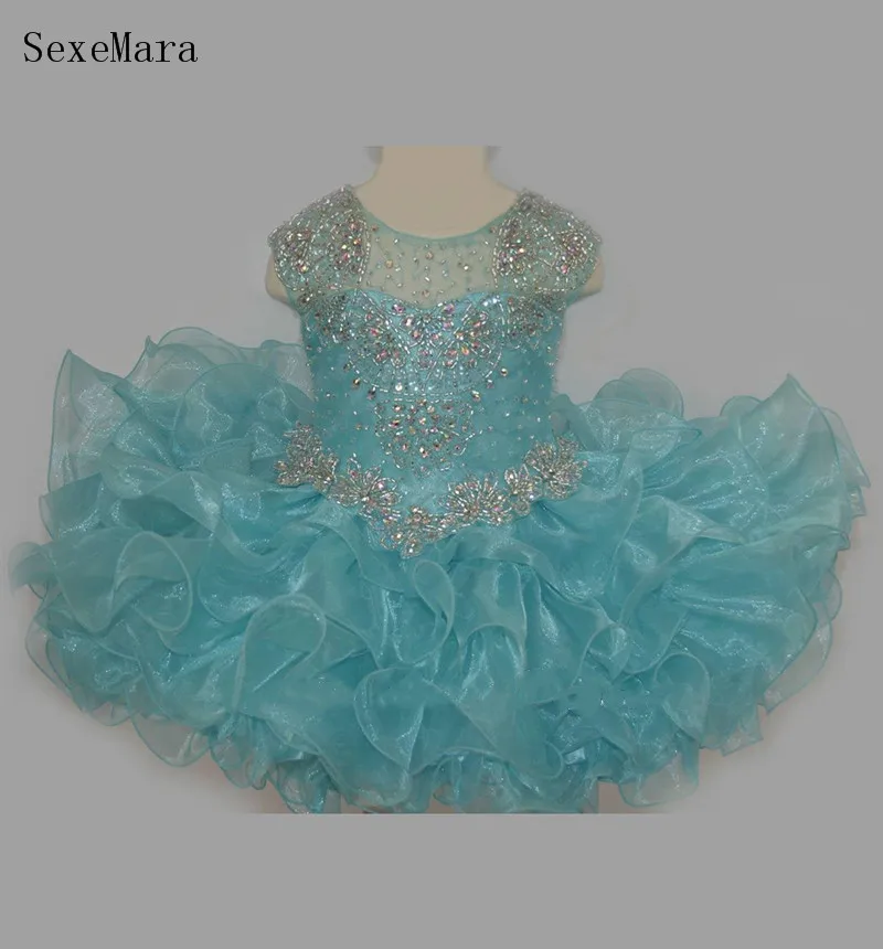 Bling Bling Little Princess Baby Girls Pageant Dresses Ruffles Aqua Cupcake Glitz Toddler Birthday Gowns Cap Sleeve