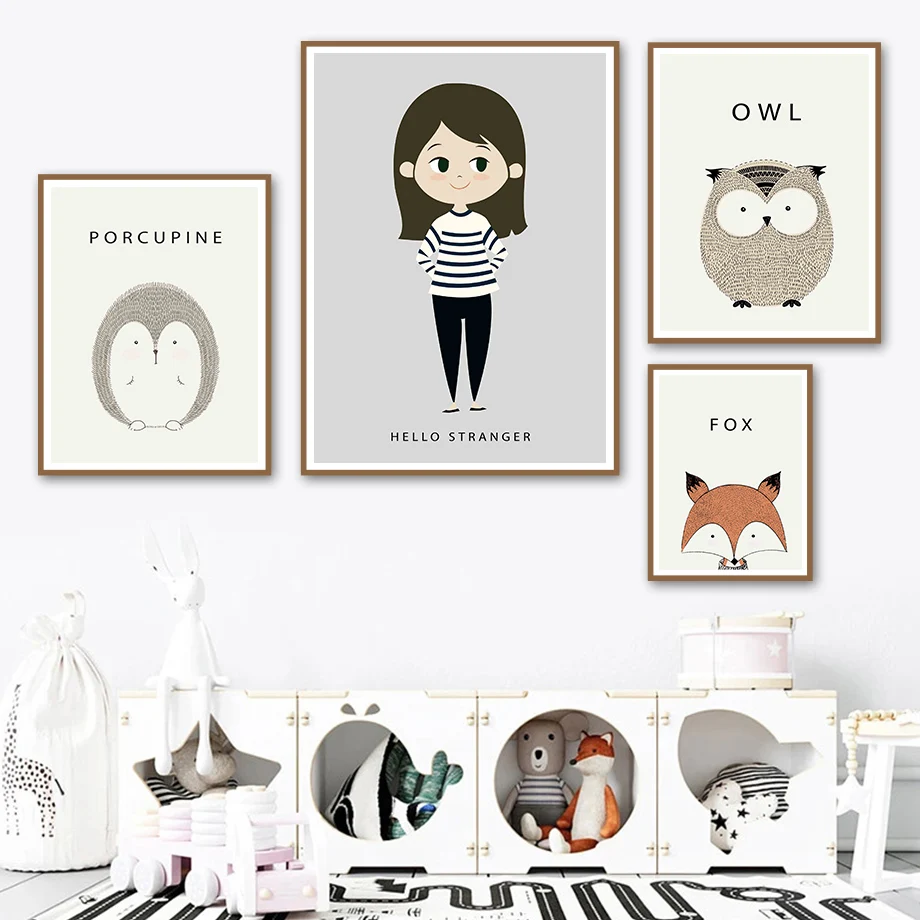 

Cartoon Cute Girl Owl Fox Porcupine Wall Art Canvas Painting Nordic Posters And Prints Nursery Wall Pictures For Kids Room Decor