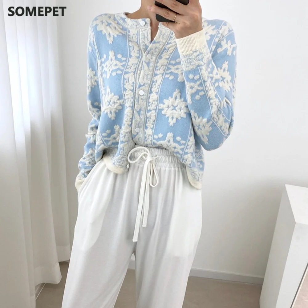 

Autumn Stereoscopic Floral Korean Cardigans Sweaters Women Long Sleeve Single-breasted Tops Vintage Elegant Ladies Cardigan
