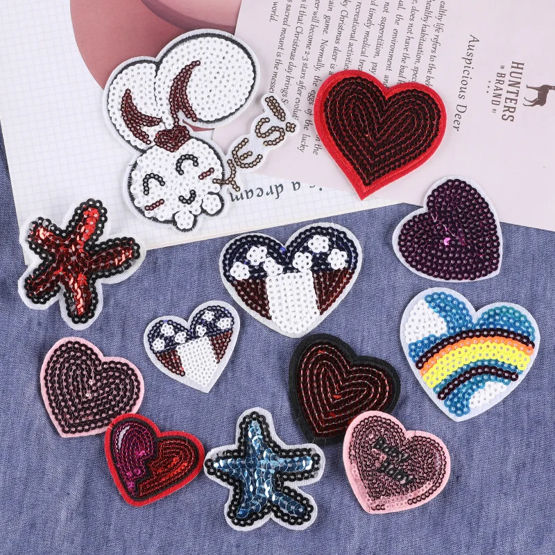 

12PCS Arious Love Heart-shaped Sequins Icon Embroidered Iron on Patch for Clothing DIY Stripes Clothes Patchwork Custom Badges