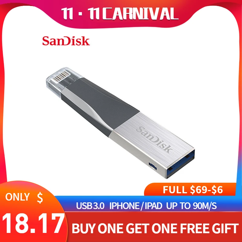 Купи USB-OTG-флешка Sandisk iXPAND, флеш-накопитель с разъемом Lightning для iPhone, iPad, iPod, USB 3.0, 32/64/128 ГБ за 1,598 рублей в магазине AliExpress