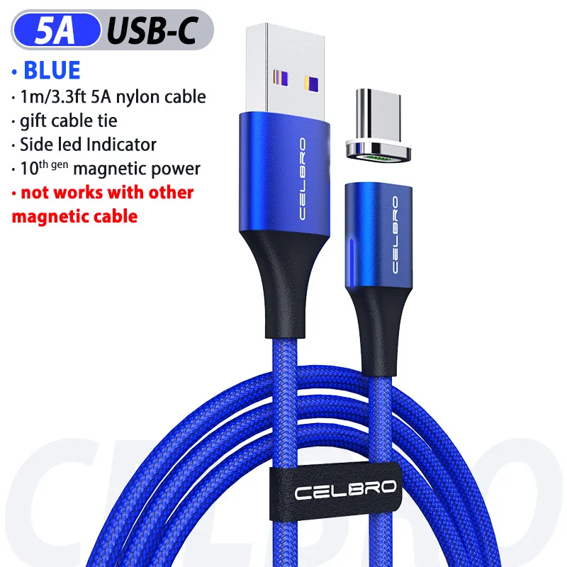 blue for Type c 5A 5А Магнитный кабель для быстрой зарядки mi cro Usb шнур для Xiao mi A3 A2 mi 9 Cabos 3 м светодиодный светильник Usb Type C кабель 3,1 кабель для быстрой зарядки - Цвет: blue for Type c 5A