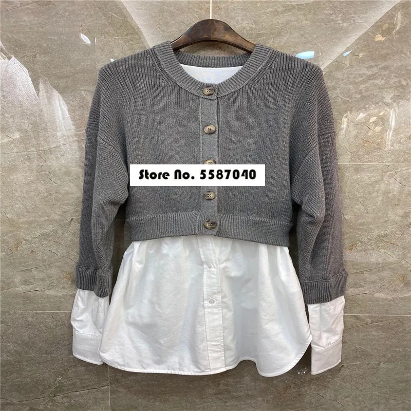 

2021 Autumn / Winter New Color Matching Round Neck Long Sleeve Two-piece Shirt Stitching Knitted Sweater Jacket