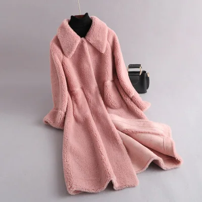 Pink Благородный овечий мех, шуба для женщин, зимний модный шерстяной жакет, женская теплая верхняя одежда, Женская, большое длинное пальто, куртка для женщин - Цвет: Pink