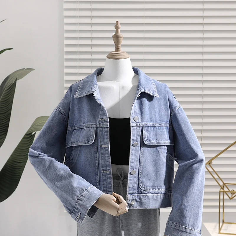 

Korean Loose Big pocket Women Denim Coat Spring Autumn Vintage Casual Long sleeve Female Jeans Jacket Blue Short Vetement Femme