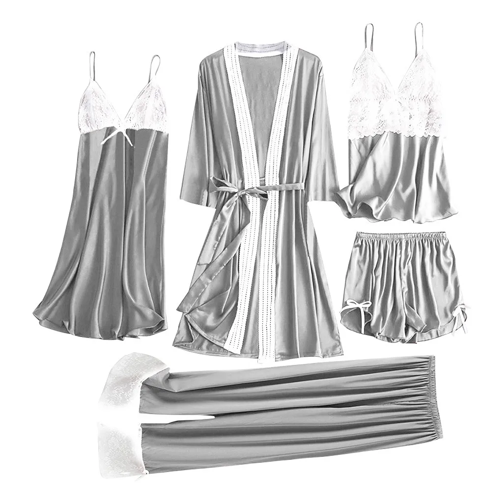 Женский атласный домашний костюм 5 шт. кружевная кофта брюки шорты ночная рубашка