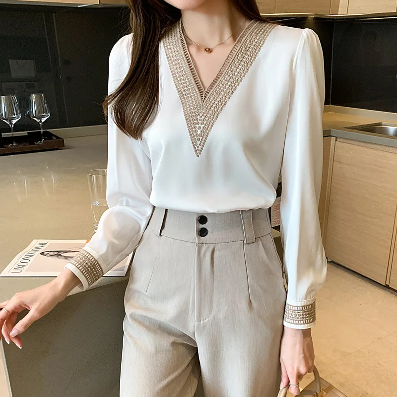 

Diiwii Women Smooth Blouse Solid Korean V Neck Shirt Office Lady Slim Blusas Spring Autumn Elegant Fashion