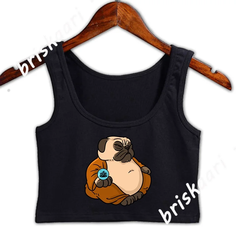 

Будда в виде мопса, укороченный топ Для женщин солнечных лучей летняя Базовая Новинка с О-образным вырезом укороченный топ Для женщин Печат...