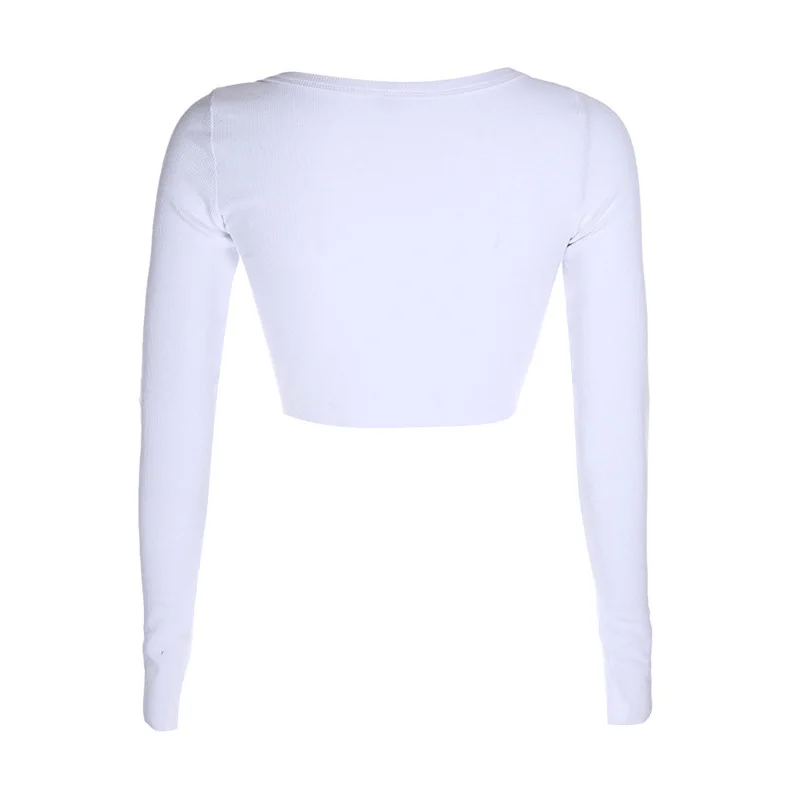 

Women Long Sleeve Crop Tops Sexy Deep V Neck Basic Solid Black White Casual Tshirt Sexy Women Crop Tee Shirt Summer Autumn