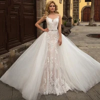 luxury mermaid wedding dresses sleeveless spoon collar detachable train 2 in 1 lace applique wedding gowns back invisible design