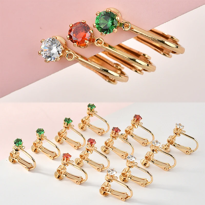 Color Zircon Screw Ear Clip DIY Handmade Materials Copper Plating 18k Gold Homemade Earrings Clip-on Accessories | Украшения и