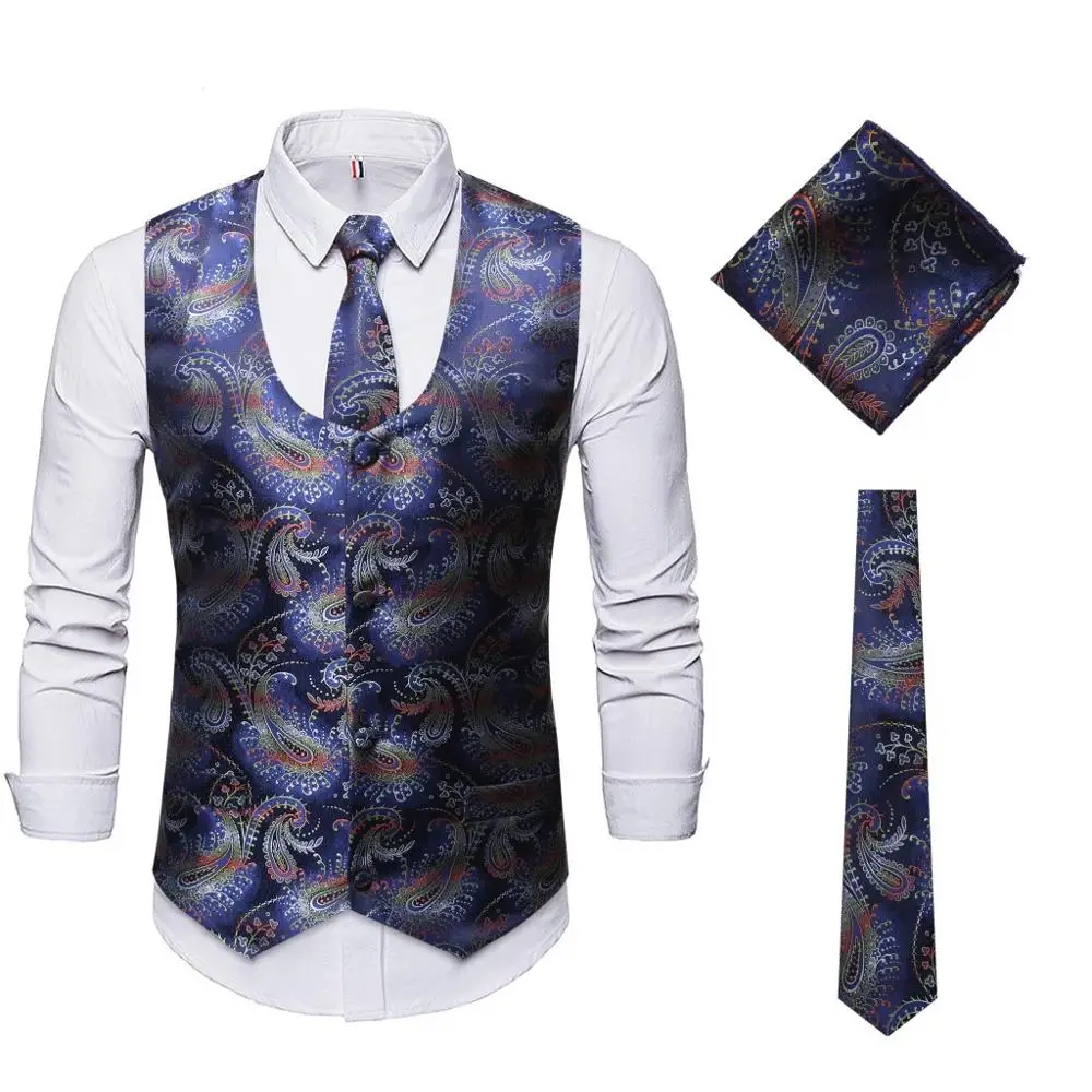 Men's Purple Paisley Dress Vest Necktie Pocket Square Set 2022 Fashion Classic Party Wedding Tuxedo Vests Waistcoat Men Gilet | Мужская