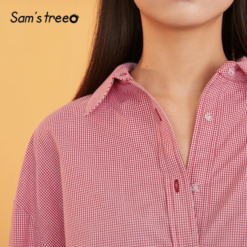 SAM'S TREE/клетчатые женские блузки с пуговицами спереди и графикой, осень, женские Топы с длинным рукавом и карманами в британском стиле