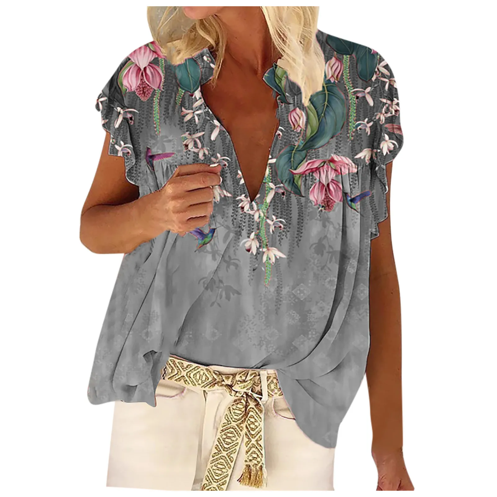 

40# Bohemian V Neck Shirt 2021 Ruffles Casual Loose Summer Floral Print Short Sleeved Women Blouse Casual Blouse Blusas Mujer