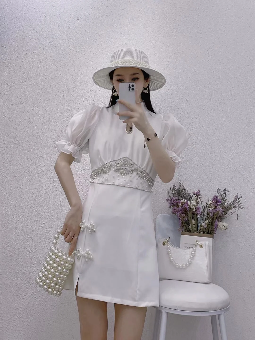 

2021 Summer French Cheongsam Rhinestone Collar High Waist Ladies Mini Dress A- Line Chiffon Patchwork Puff Sleeve Short Dress