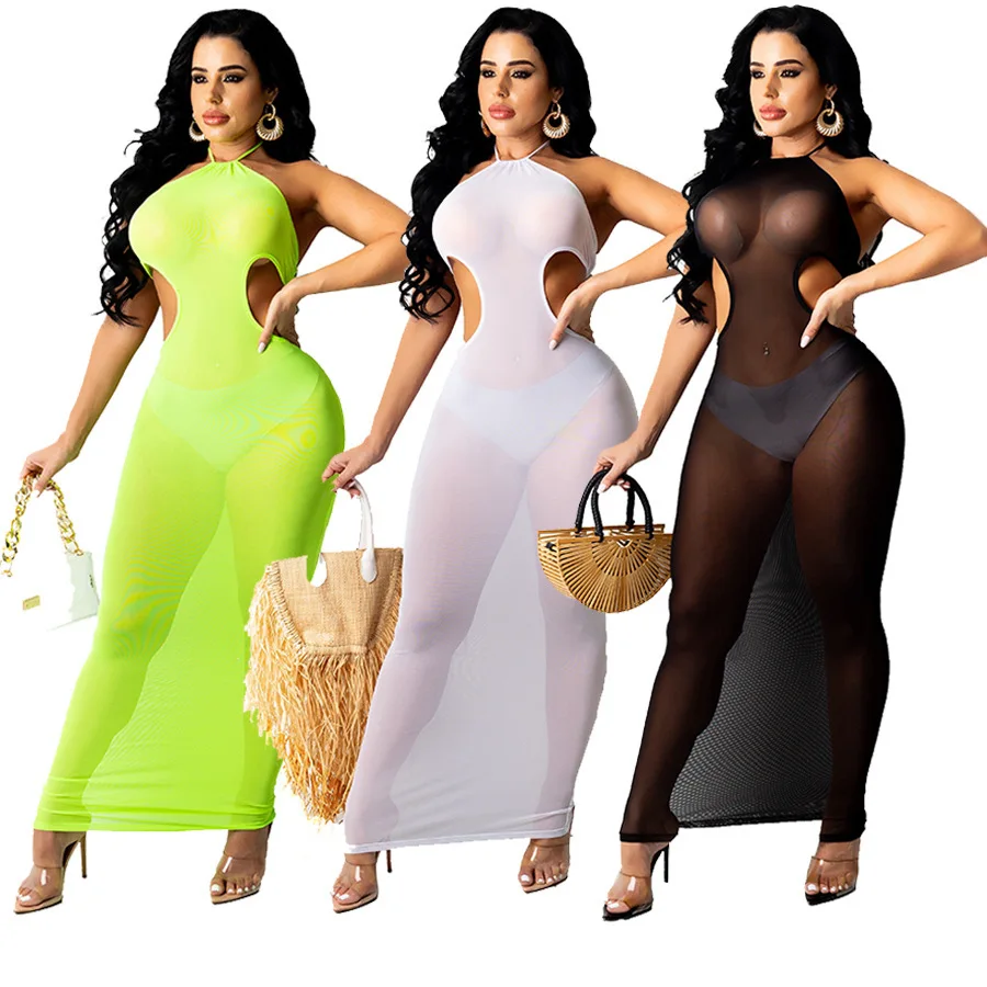 

Sexy Halter Cut out Mesh Dress Club Party Wear Women See Through Backless Long Dresses Summer Bodycon Evening 2021 Clothing