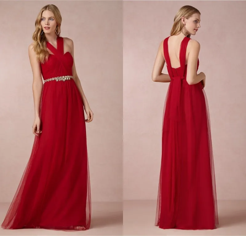 

Simple red long tulle evening dress 2015 Free shipping sexy backless classic design elegant A-line party gown crystal belt