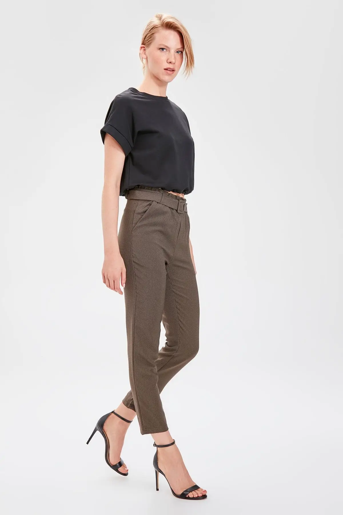 Trendyol хаки гусиный столб узорные брюки TWOAW20PL0297