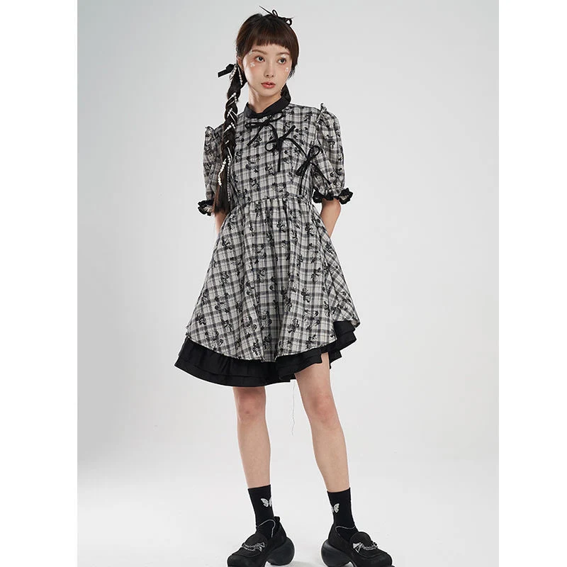 

Retro Summer Kawaii Dresses Japanese Girls Y2k Lolita Plaid Dress French Vintage Lace Princess Harajuku Gothic Women'S Clothing