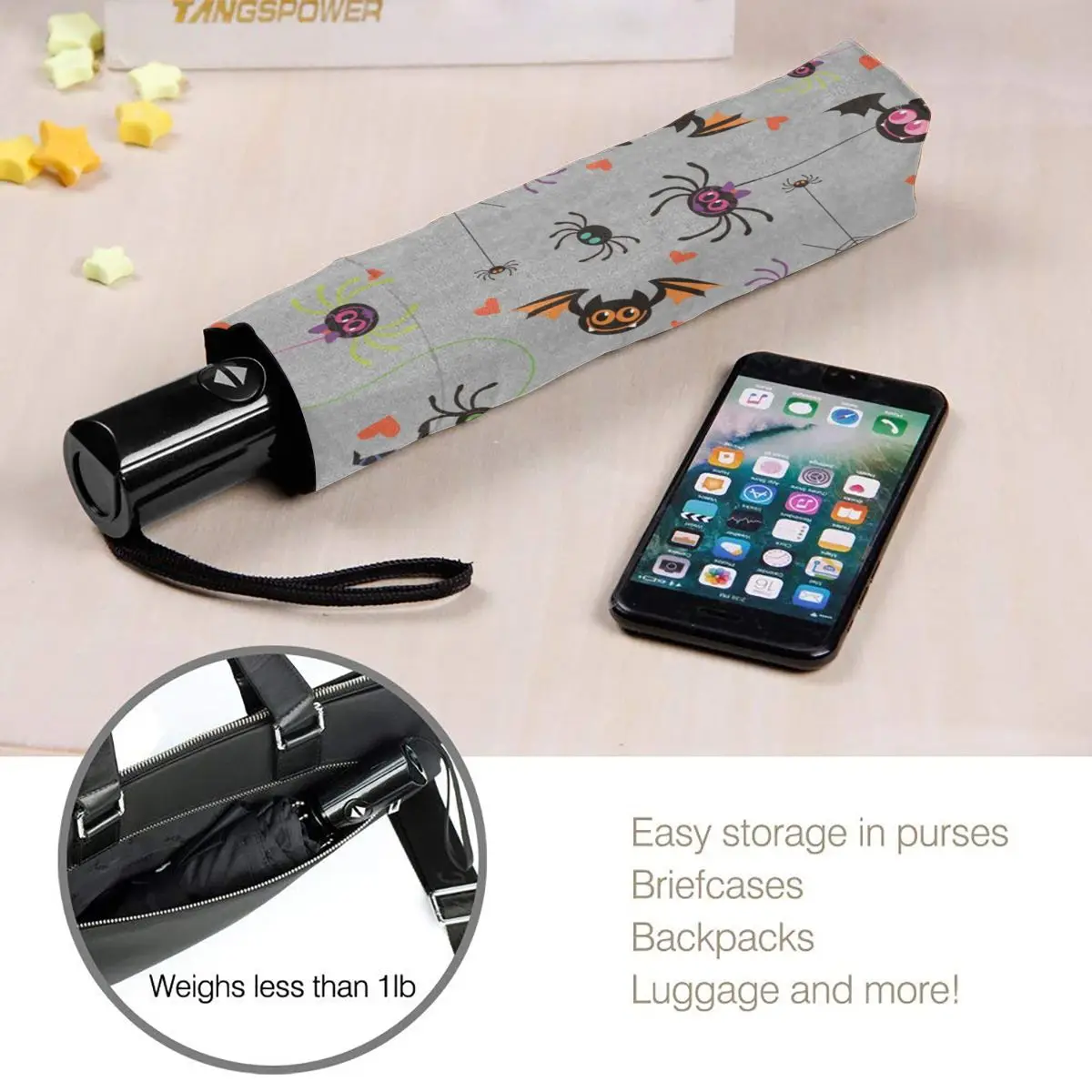 

Wind Resistant Fully-Automatic Umbrella Cute Spider And Bats Rain 3 Folding Parasol Travel Car Umbrella