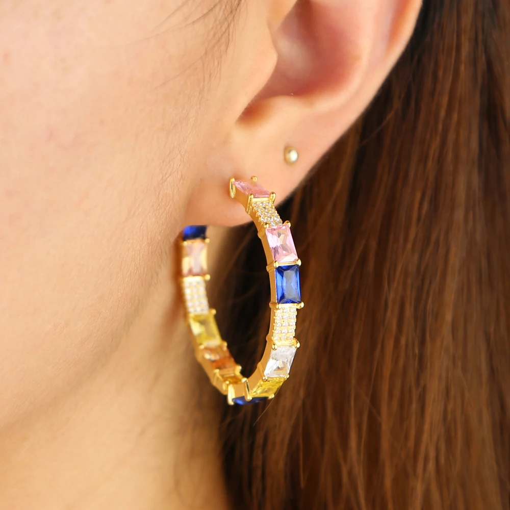 geometric square baguette cz pastel colorful huggie hoop earring stunning trendy women jewelry