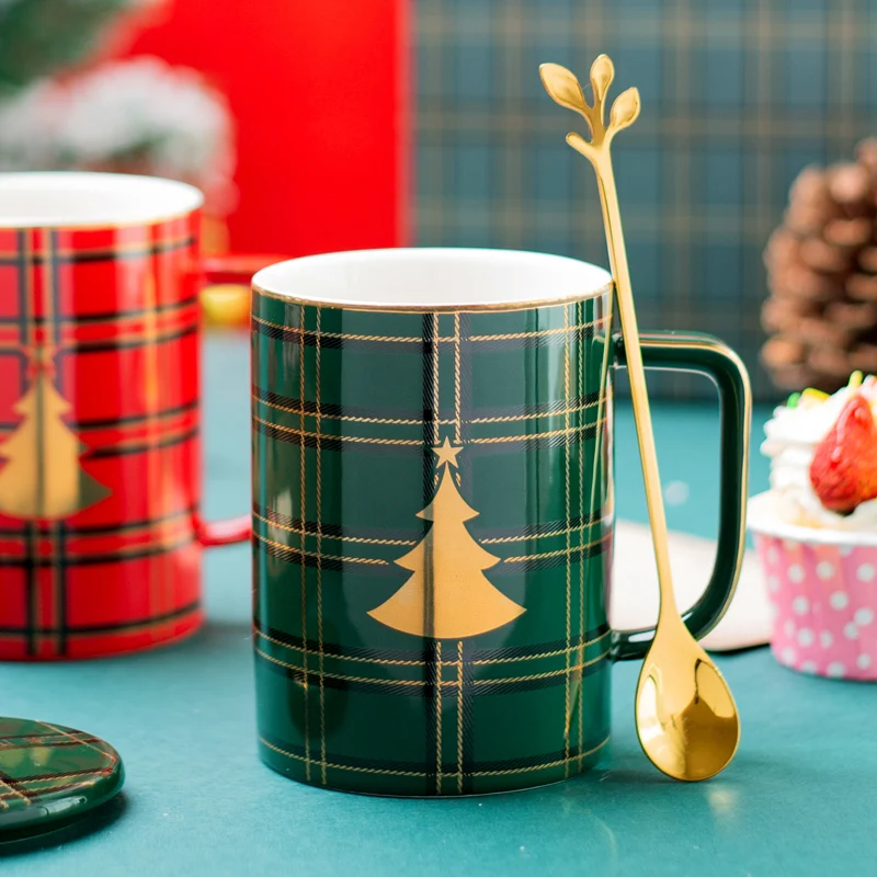 Рождественская керамическая кофейная кружка с крышкой и ложкой Современные