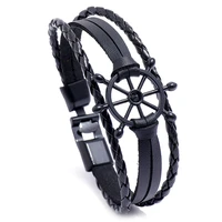 european and american cross border fashion accessories black personalized rudder braided bracelet mens leather bracelet
