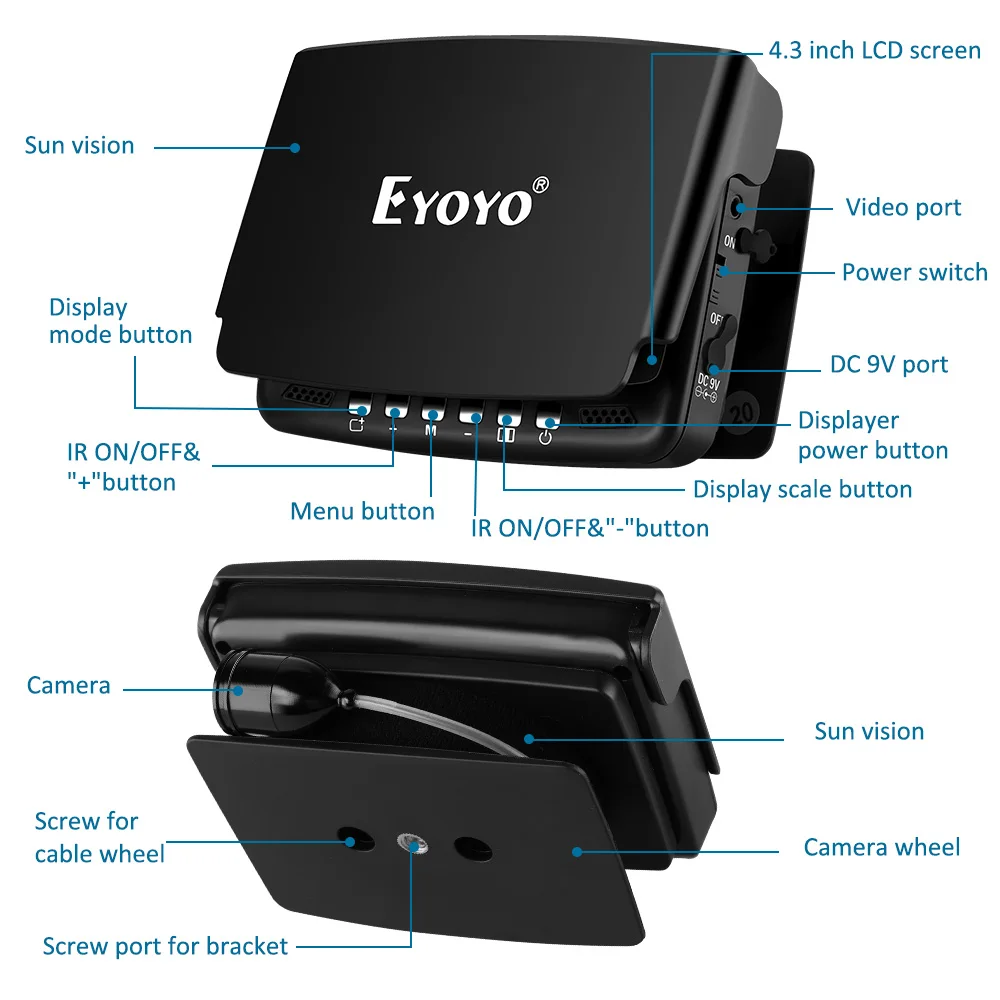 Продажа Рыболокатор Eyoyo EF43A, 20 м, 1000TVL, подводная камера для подледной рыбалки, ЖК-монитор 4,3 дюйма, 8 светодиодов, камера ночного видения для рыбалки