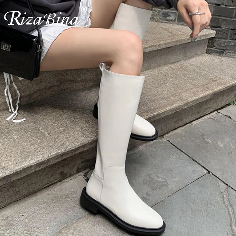 

RizaBina 2022 Women Real Leather Knee Boots Shoes Low Heels Fashion Winter Long Boot Outdoor Cool Ladies Footwear Size 34-39