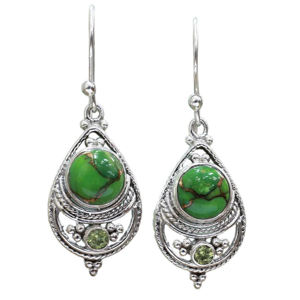 Women Gemstone Dangle Hook Stud Earring sliver color Vintage Jewelry Simple Earrings For Drop Female |