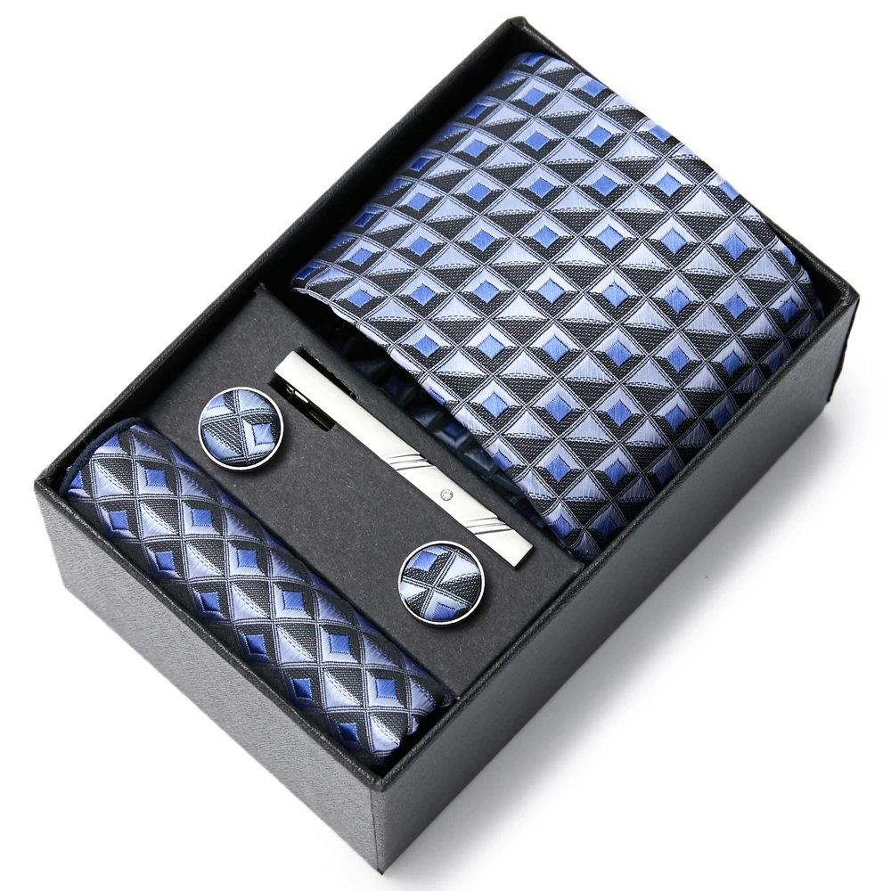 

7.5 cm Festive Present 100% Silk Tie Handkerchief Pocket Squares Cufflink Set Tie Clip Necktie Box Plaid Man's Gold