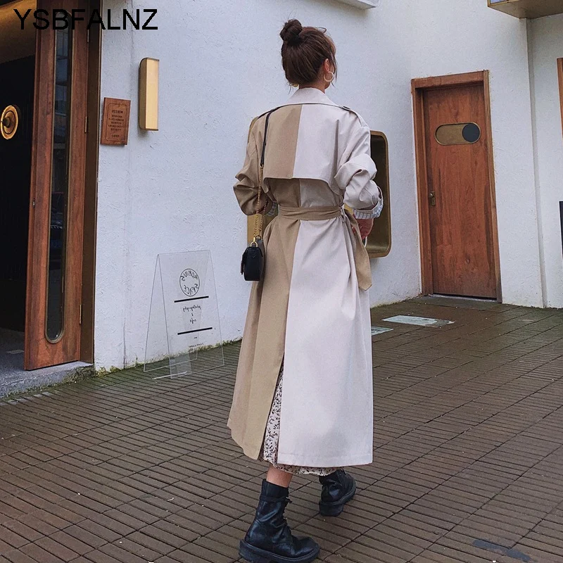 

2021 Brand New Women Trench Coat Belt Long Double Breasted Khaki Splicing Oversize High Quality Chic Windbreaker Female Autumn