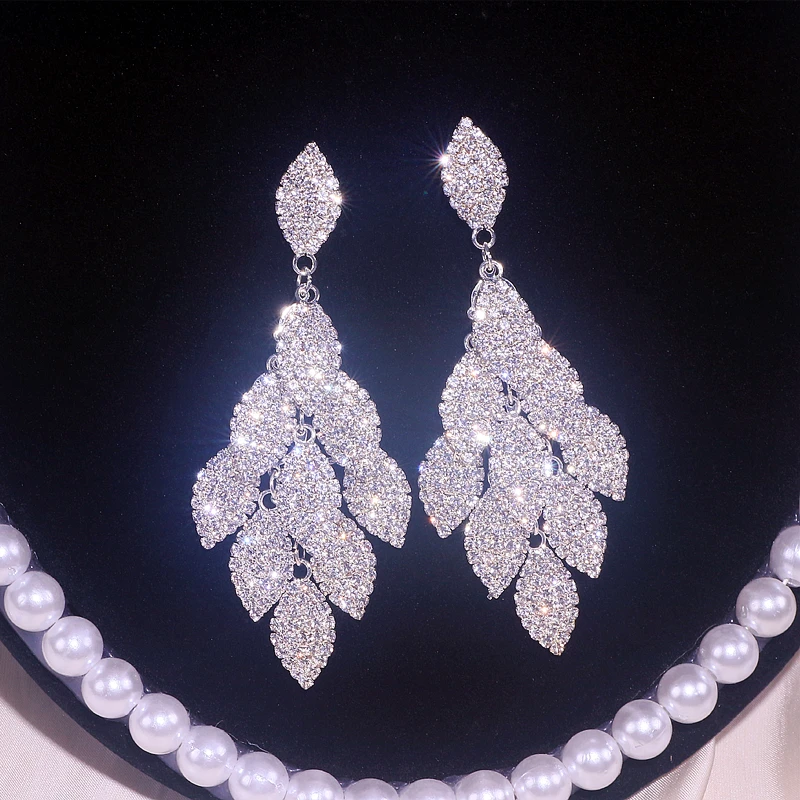 Новый Модный Элегантный Стразы лист большие длинные свисающие серьги для женщин