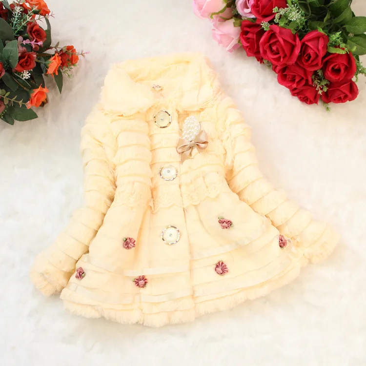 

Casual Winter Baby Girls Coats Kids Pearl Button Plus Velvet Thicken Outerwear Children Faux Fur Lapels Collar Polka Dot Jacket