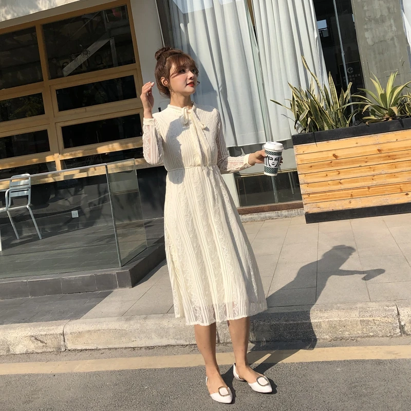 

New Fashion High quality Woman Dress Autumn Long Sleeve A Line Casual Midi Lace Dresses Vestido Robe Femme