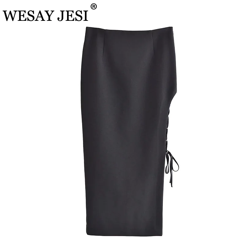 

WESAY JESI ZA 2021 Women's Skirt High Split Lace-up Long Skirts Fashion Office Wear Elegant Vintage Black High-waisted Skirt