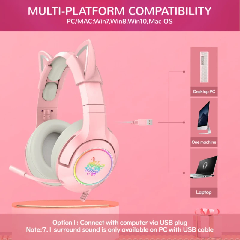 

New K9 Pink Wired Game Cat Ear Headset With Microphone HiFi 7.1 Channel Gaming Music Headset For Computer Notebook