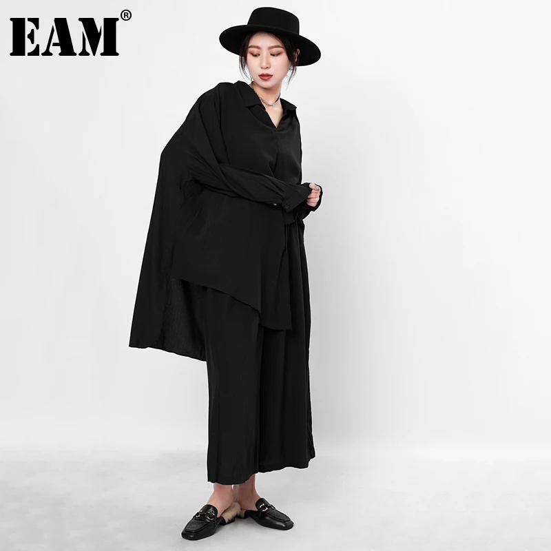 

[EAM] Wide Leg Pants Big Size Two Piece Suit New Lapel Long Sleeve Loose Fit Women Fashion Tide Spring Autumn 2021 1DD597801