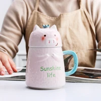 funny pink pig big belly ceramic mugs with lids spoon cute cartoon mug girl little fresh lovers coffee cups drinkware gift