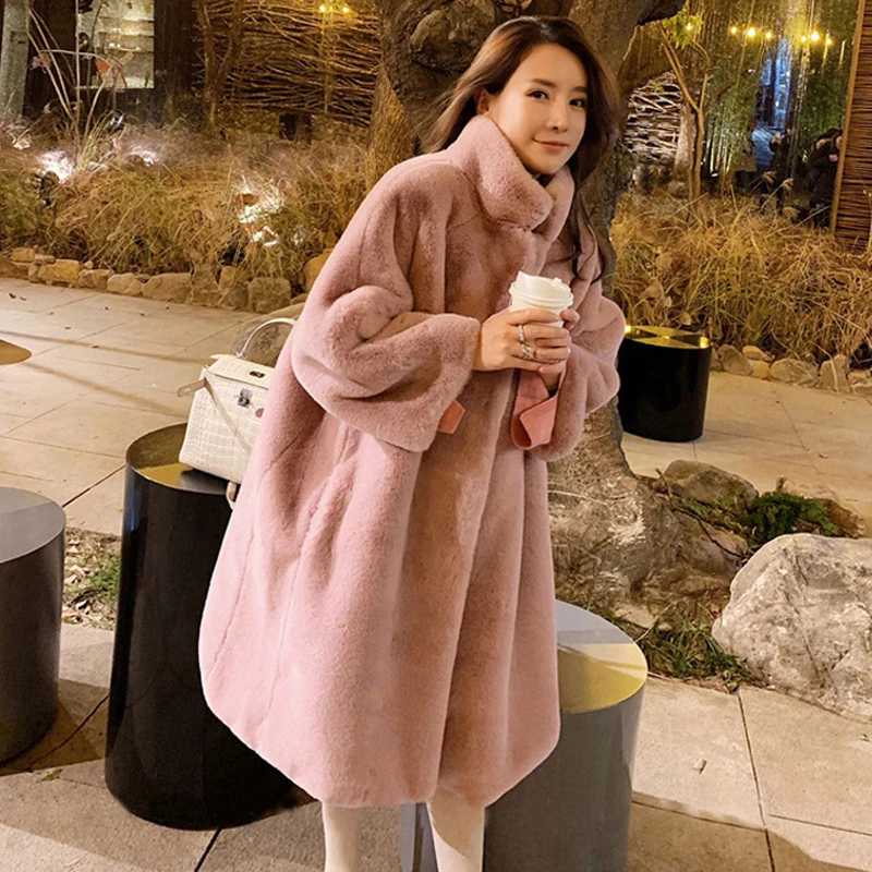 Зимнее женское Норковое Пальто, пушистое мягкое искусственное пальто из кроличьего меха в Корейском стиле, новинка 2021, уличное женское розовое меховое пальто большого размера, средней длины