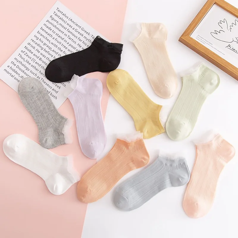 

2021 Spring Summer New Fashion Lace Socks Solid Color Women Soft Breathable Cute Boat Socks For Women Girl Mesh Thin Socks